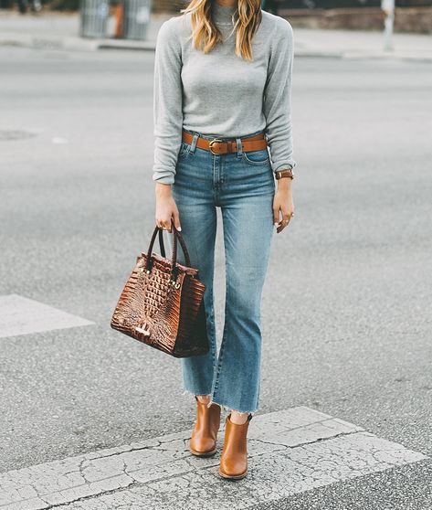 Denim Trend: Why I'm Loving Cropped Flare Jeans | LivvyLand Crop Flare Denim Outfit, Cropped Jean Outfits Winter, Ankle Length Flared Jeans Outfit, Ankle Boot Cut Jeans Outfit, Trending Denim Outfits, Demi Boot Crop Jean Outfit, Sophisticated Jeans Outfit, High Waist Cropped Jeans Outfit, Outfits With Bootleg Jeans