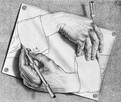 Drawing Hands by M.C. Escher, 1948 Escher Hands, Crazy Optical Illusions, Escher Drawings, Amazing Optical Illusions, Optical Illusions Pictures, Escher Art, Illusion Pictures, 3d Optical Illusions, Realistic Sketch