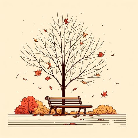 Autumn Park in Warm Colors Canvas Tree With Falling Leaves Drawing, Falling Leaves Illustration, Fall Tree Illustration, Fall Trees Drawing, Falling Leaves Drawing, Autumn Tree Drawing, Fall Tree Drawing, Autumn Line Art, Forest Drawing Easy