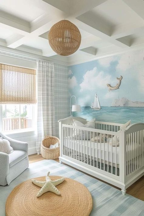 Ocean Inspired Nursery, Ocean Nursery Ideas, Girl Nursery Ideas Themes, Beach Nursery Theme, Coastal Baby Room, Ocean Baby Room, Ocean Baby Nursery, Ocean Nursery Theme, Beach House Nursery