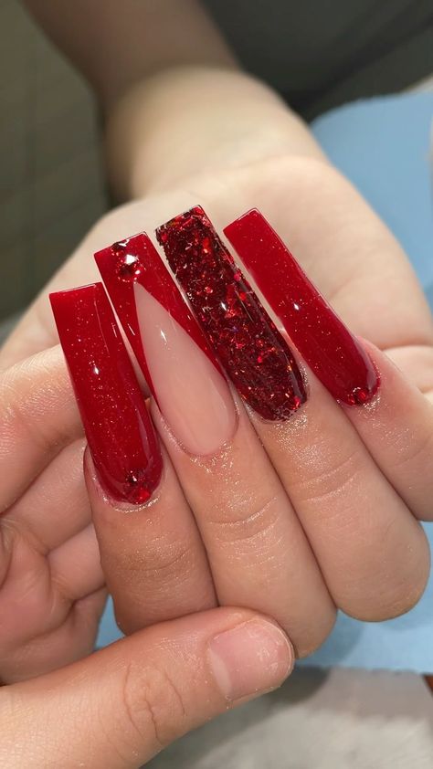 Red Valentines Day Nails Acrylic, Nail Practice, Red Nails Glitter, Red Gel Nails, Brown Acrylic Nails, 2023 Ideas, Wow Nails, Prom 2023, Red Acrylic Nails