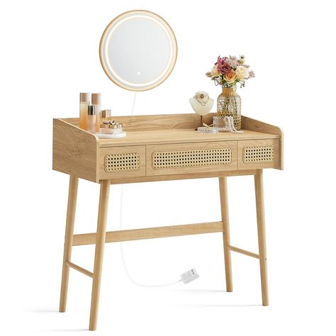 PRICES MAY VARY. 【INDULGE IN BOHO BLISS】This vanity desk comes from our SONGMICS HOME BOHOVEN Collection, a line of boho furniture blending a natural hue, solid wood legs, and the woven element. It aims to help you build a serene haven that refreshes your mind and body 【LIGHTED MIRROR, ELEVATED BEAUTY ROUTINE】This vanity table comes with an elegant round mirror featuring an adjustable light. The touch control lets you adjust the brightness and switch between natural, warm, and cold light to achi Boho Vanity Desk, Wood Vanity Bedroom, Boho Vanity Ideas, Boho Night Stand, Boho Vanity, Make Up Tisch, Life Reflection, Boho Desk, Rattan Decor