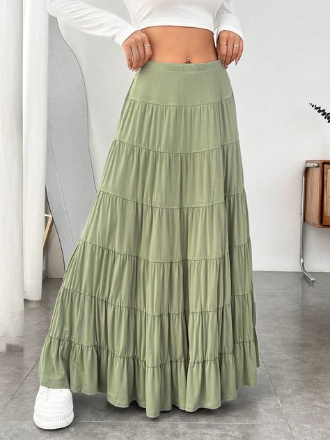 Green Casual Collar  Knitted Fabric Plain Layered/Tiered Embellished Medium Stretch  Women Clothing Green Ruffle Skirt, Green Long Skirt Outfit, Green Flowy Skirt, Long Beach Skirt, Green Skirt Outfits, Long Green Skirt, Green Maxi Skirt, Greece Trip, Maxi Skirts Summer