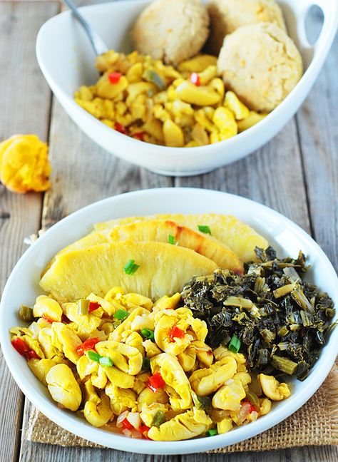 Vegan Ackee, Slave Ships, Ital Food, Jamaican Cuisine, Jamaican Dishes, Vegan Main Dishes, Jamaican Recipes, Caribbean Recipes, Healthy Gluten Free