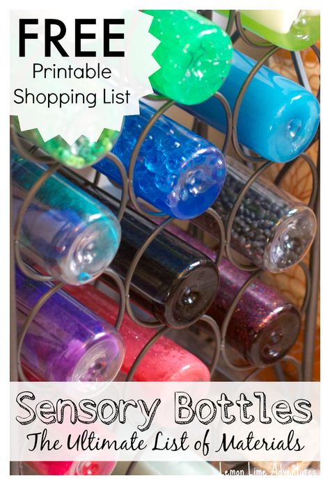 Sensory Bottles - Free Printable Materials List from Lemon Lime Adventures Sensory Tubs, Discovery Bottles, Sensory Bottle, Infant Room, Sensory Bags, Sensory Boards, Sensory Bottles, Sensory Integration, Sensory Room