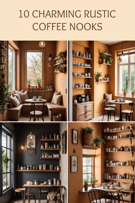 Explore 10 ideas for rustic coffee nooks featuring warm lighting, natural accents, and inviting wooden shelves. This pin showcases 4 beautiful coffee corner images designed for cozy environments. Corner Sitting Area Cozy Nook, Coffee Nooks, Cozy Cafe Interior, Cozy Window Nook, Nook Inspiration, Window Nook, Corner Seating, Rustic Wooden Shelves, Coffee Room