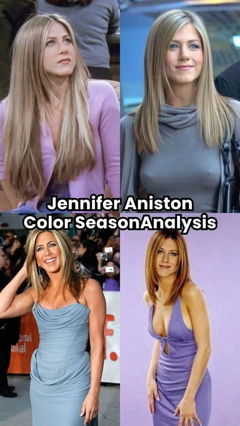 Jennifer Aniston color season explored: Is she Soft Autumn or Soft Summer? Uncover differences and boost your style with our insights. Soft Summer Metals And Stones, Soft Summer Celebs, Toasted Soft Summer Color Palette, Jennifer Aniston Color Palette, Soft Summer Celebrity, Soft Summer Vs True Summer, Hair Colors For Soft Summer, Soft Summer Brunette, Colors For Soft Summer