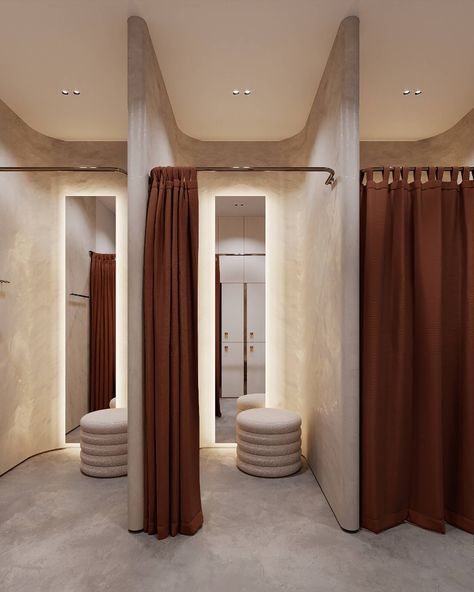 Bouthaina, a large beauty salon in Saudi Arabia - iNEWS Retail Changing Room, Fitting Rooms Retail Boutiques, Fitting Room Design Retail, Luxury Fitting Room, Retail Fitting Room, Fashion Store Design Boutiques, Clothing Boutique Interior Design, Commercial Design Retail, Luxury Boutique Interior