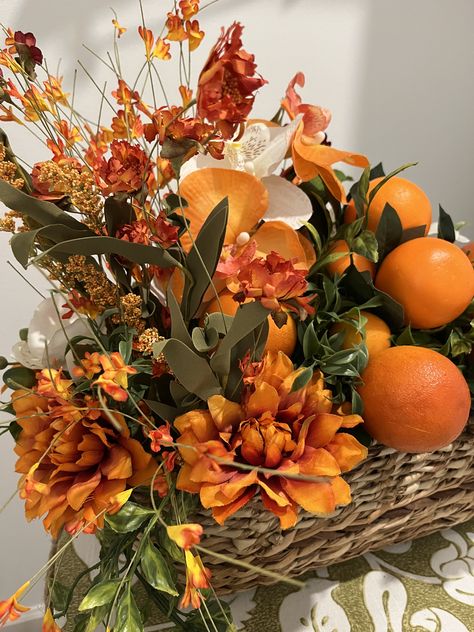 Hyacinth Basket, Tropical Centerpieces, Fruit Centerpieces, Basket Centerpieces, Orange Orchid, Fruit Basket Gift, Colors Of Fall, Floral Baskets, Basket Gift