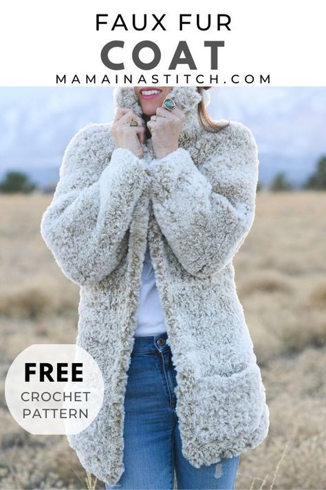 This easy crocheted coat is so fun to make! It makes a great gift and is so cozy. Easy enough for advanced beginners. #freepattern #crochet #jacket Mama In A Stitch, Interesting Crochet, Crochet Infinity Scarf Pattern, Cardigan Au Crochet, Faux Coat, Infinity Scarf Pattern, Trendy Coat, Crochet Cardigans, Winter Crochet