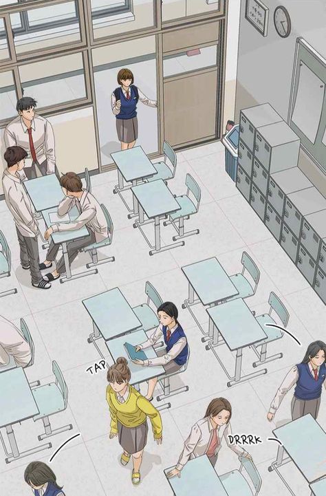 The Fox Club | Webtoon Comic School Background, School Classroom Drawing Reference, School Reference Pose, Classroom Perspective Drawing, Classroom Drawing Reference, Classroom Reference Drawing, Classroom Perspective, The Fox Club Webtoon, Fox Club Webtoon