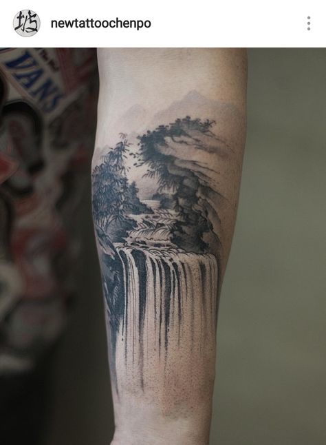 Asian Tattoo Sleeve, Waterfall Tattoo, Scenery Tattoo, Wrist Tattoos Words, Samurai Tattoo Sleeve, Shoulder Sleeve Tattoos, Left Arm Tattoos, Heaven Tattoos, Landscape Tattoo