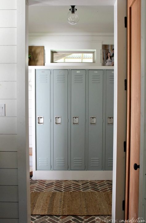 Metal Lockers Mudroom, Mudroom Storage, Farmhouse Mudroom, Mudroom Remodel, Locker Designs, Vintage Lockers, Introductory Paragraph, Mudroom Lockers, Custom Farmhouse