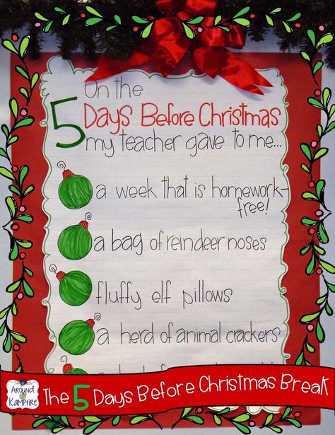 T'was the 5 days before Christmas break countdown  classroom chart with daily student gifts and matching activity pages.  Students use the treats to complete the tasks! November Bulletin Boards For Preschool, Bulletin Boards For Preschool, Countdown Until Christmas, November Bulletin Boards, Classroom Christmas, Christmas Teaching, Holiday Classroom, Christmas Kindergarten, Days Before Christmas