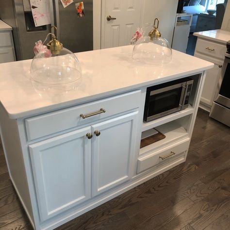 Small Kitchen Island With Microwave Built In, Island With Built In Microwave, Microwave Island Cabinet, Microwave Built Into Island, Microwave In Island Ideas, Microwave On Island, Microwave In The Island, Microwave In Island Built Ins, Microwave In Kitchen Island