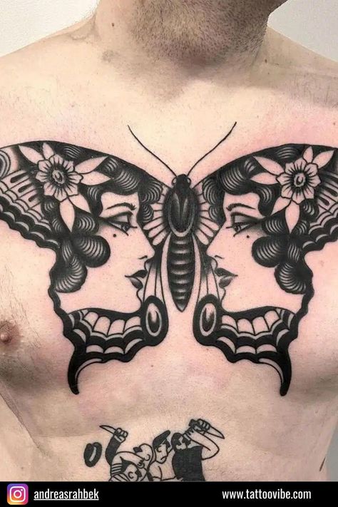 Traditional Back Tattoo, Traditional Chest Tattoo, Traditional Tattoo Woman, Traditional Butterfly Tattoo, Traditional Tattoo Drawings, Traditional Tattoo Inspiration, Chest Piece Tattoos, Butterfly Tattoos, Stomach Tattoos