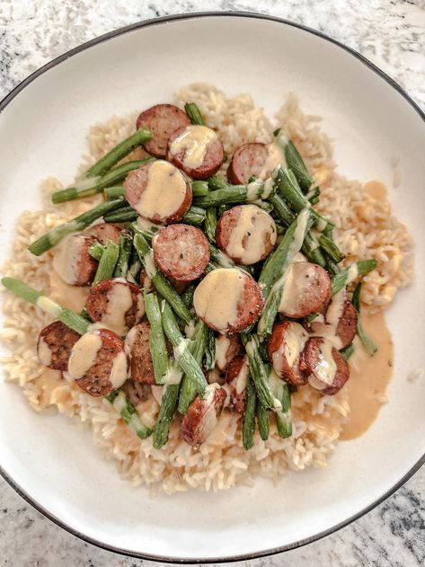 Chicken sausage and green bean rice bowl with Yum Yum sauce. — 2hungrydaughters Green Beans And Sausage, Bean Rice Bowl, Sausage And Green Beans, Grilled Side Dishes, Bean Rice, Yum Sauce, Beans And Sausage, Chicken Green Beans, Yum Yum Sauce