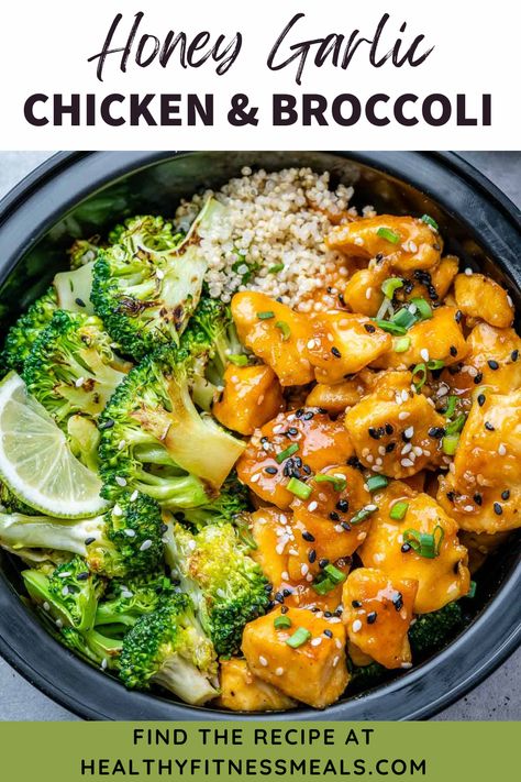 If you love to meal prep your meals you will love this easy honey garlic chicken & broccoli recipe! It’s so juicy and tasty, loaded with protein and fiber, and ready in just 30 minutes. Add about 1/2 cup of cooked quinoa to each meal prep bowl. Divide the broccoli and chicken among your bowls and arrange over the quinoa. Garnish with green onions, sesame seeds, and lime wedges. Refrigerate for up to 4 days. Serve cold or reheated, as desired. Chicken Broccoli Bowls Healthy, Low Sodium Chicken And Broccoli, Chicken Broccoli Quinoa Bowl, Chicken Rice Lettuce Bowls, Chicken And Broccoli Quinoa, Chicken Broccoli Bites, Energy Dinner Recipes, Healthy Chicken Quinoa Recipes, Quick Reheatable Meals