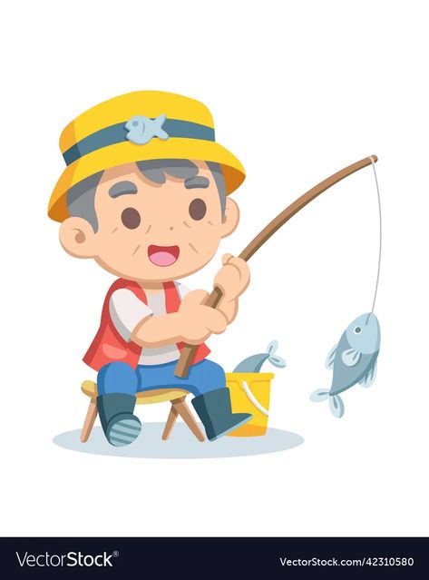 Cute style old fisherman cartoon vector image Fisherman Cartoon, Fish Cartoon, Angel Vector, Fish Costume, Old Fisherman, Rabbit Painting, Fish Vector, Boy Illustration, Boy Fishing