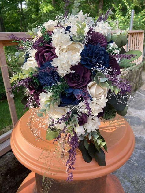 Plum Wedding Bouquet, Navy Blue Bouquet, Pin Corsage, Wood Flower Bouquet, Plum Wedding, Blue And Purple Flowers, Purple Wedding Flowers, Blue Wedding Flowers, Cascade Bouquet