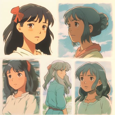 a character design inspired by Studio Ghibli. This artwork showcases different female characters Studio Ghibli Portrait, Ghibli Art Style Reference, Studio Ghibli Style Character, Studio Ghibli Art Style Reference, Ghibli Characters Design, Studio Ghibli Art Style Tutorial, Ghibli Style Character Design, Studio Ghibli Artstyle, Studio Ghibli Style Art