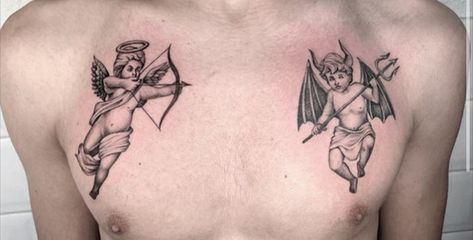 Bad Angel Tattoo Design, Angel Shoulder Tattoo Men, Demon Angel Tattoo, Demon And Angel Tattoo, Good Angel Bad Angel Tattoo, Angel And Devil Tattoo Design, Bad Angel Tattoo, Jayden Tattoo, Devil And Angel Tattoo