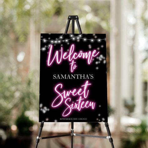 Sweet 16 Birthday Hot Pink Neon Glow Welcome Sign - Sweet 16 Gifts Black And Pink Sweet 16, Hollywood Sweet 16, Hot Pink Birthday, Sweet 16 Party Decorations, Pink Sweet 16, Sweet 16 Decorations, Neon Birthday, Rose Gold Decor, Sweet 16 Gifts