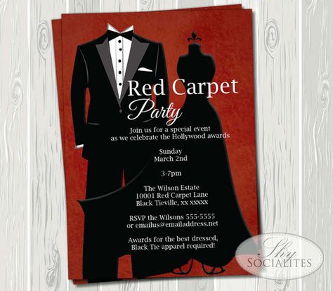 Black Tie Invitations for a Red Carpet Party! Would be a great idea for the Burlamatta Red Carpet Gala Dinner! Red Carpet Party Invitations, Red Carpet Invitations Template, Oscar Party Invitations, Hollywood Red Carpet Party, Black Tie Invitation, Red Carpet Invitations, Red Carpet Formal, Red Carpet Theme, Fashion Show Party