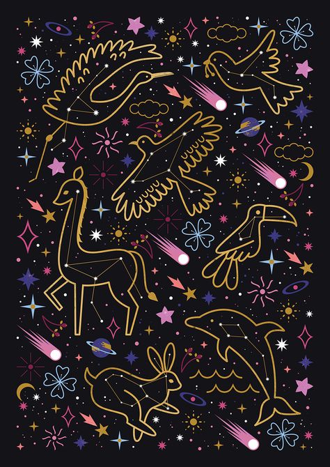 Carly Watts Illustration: Animal Constellations #space #stars #constellations #comet #shootingstar Astronomy Telescope, Amoled Wallpapers, Whatsapp Wallpaper, Galaxy Art, Space And Astronomy, Screen Savers, Drawing Techniques, Cute Illustration, Surface Pattern