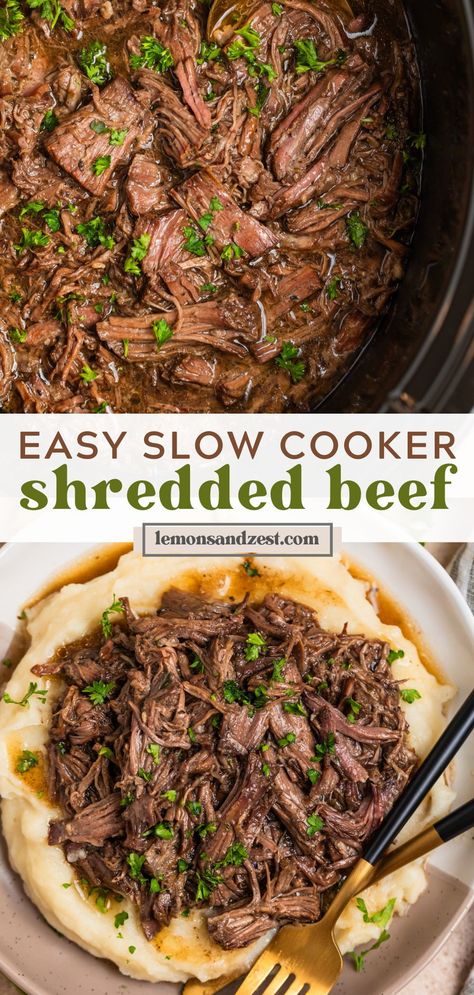 This easy, 5 minute prep Slow Cooker Shredded Beef is so juicy and melt in your mouth with amazing flavor. So versatile and can be eaten over noodles, mashed potatoes, in tacos, and more. A perfect dump and go slow cooker dinner recipe! Chuck Roast Crock Pot Recipes, Crock Pot Chuck Roast, Shredded Beef Recipe, Shredded Beef Sandwiches, Slow Cooker Shredded Beef, Shredded Beef Recipes, Crockpot Roast Recipes, Pot Roast Crock Pot Recipes, Chuck Roast Recipes