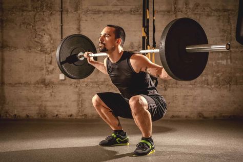 Handsome young muscular man doing squat exercise with barbell at the gym. Squats With Weights Bar, Leg Muscle Groups, Full Body Bodyweight Workout, Squat With Bar, Weighted Squats, Barbell Squat, Strength Training Program, Squat Workout, Upper Body Strength