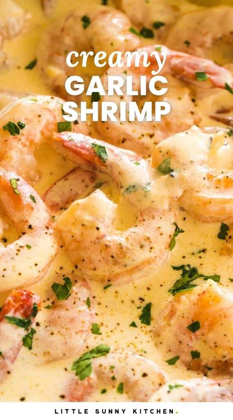 This quick and easy creamy garlic shrimp recipe is amazing as a weeknight dinner or a special occasion meal. You'll love the rich flavors and so will everyone else! Shrimp In Cream Sauce, Easy Garlic Shrimp, Creamy Garlic Shrimp Recipe, Creamy Garlic Prawns, Creamy Garlic Shrimp, Little Sunny Kitchen, Sunny Kitchen, Scampi Recipe, Shrimp And Rice