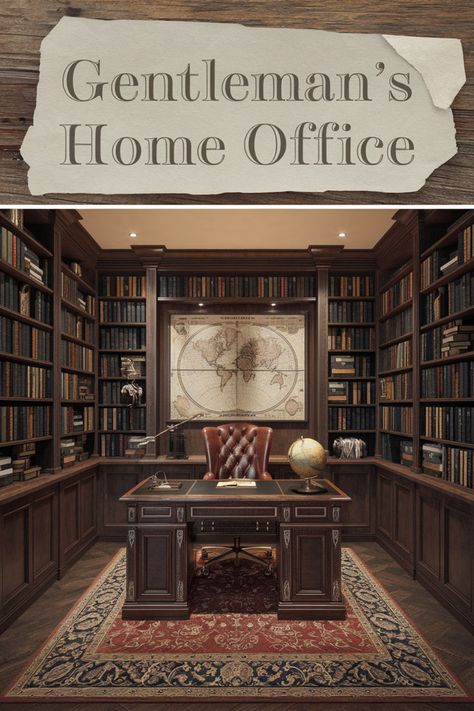 Looking to elevate your gentleman’s office? Consider a classic office desk paired with a deep leather chair 🛋️. Add a touch of luxury with rich wood shelving, perfect for a home library design 📚. A dark office design creates a moody yet refined atmosphere, while black & cognac office accents add that sophisticated touch 🖤 #GentlemansOffice #ClassicOffice #LuxuryOffice #MensLibraryStudy #DarkOfficeDesign #TraditionalOffice #MasculineHomeDesign #HomeLibraryDesign #IndustrialOffice #RusticOffice Restoration Hardware Office Ideas, Mens Study Office, Dark Office Design, Gentleman's Office, Dream Office Luxury, Gentlemans Office, Men’s Home Office, Men Office Decor, Mens Study