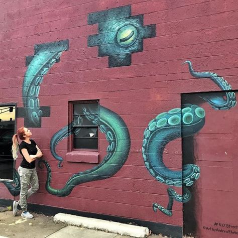 Octopus Mural by Art by Andrea Ehrhardt at Rogue Barber Co. & D's Wax Factory Octopus Mural, Art Nouveau Bar, Exterior Murals, Octopus Wall Art, Drawing Tutorial Face, Octopus Art, Blood Art, Animated Animals, Steampunk Art