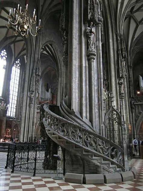 Spiral stone staircase inside St. Stephen's Cathedral in Vienna, Austria. The current Romanesque and Gothic form of the cathedral, seen today in the Stephansplatz, was largely initiated by Duke Rudolf IV (1339–1365) and stands on the ruins of two earlier churches. It was built between 1137-1160. Summer In Europe, Cathedral Church, Stairway To Heaven, Gothic Architecture, Central Europe, My Summer, Vienna Austria, Place Of Worship, December 12