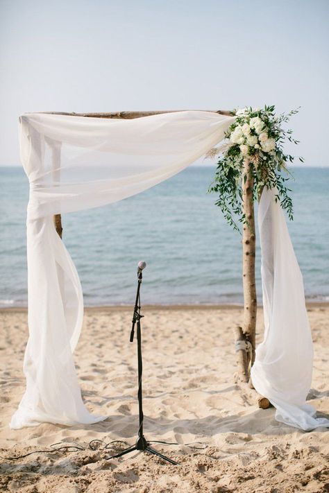 Birch wedding ceremony arch on the beach with white chiffon Beach Wedding Ceremony Arch, Beach Wedding Arch, Birch Wedding, Beach Wedding Decorations Reception, Diy Beach Wedding, Simple Beach Wedding, Wedding Ceremony Arch, Wedding Arch Flowers, Arch Flowers