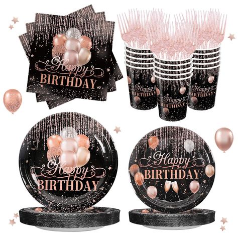 PRICES MAY VARY. 【Rose Gold Birthday Party Supplies】You will receive 24pcs 9-inch rose gold paper plates, 24pcs 7-inch dessert plates 24pcs napkins, 24pcs cups, 24pcs forks. Quantity is enough for a party of 24 guests. 【Fancy Elegant Design】These women's rose gold tableware set are designed using a glitter balloon as the elemental theme to provide you with a black rose baby shower themed party atmosphere! Perfect choice for a black and rose gold themed party decorations. 【High Quality】The rose g Rose Gold Themed Birthday Party Ideas, Black And Rose Gold Birthday, Gold Tableware, Gold Birthday Banner, 90th Birthday Invitations, Rose Gold Birthday, Rose Gold Party Decor, Rose Gold Paper, Glitter Balloons