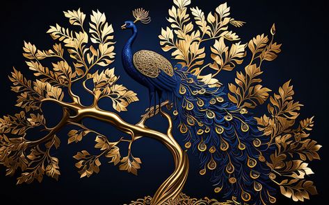 Tree With Leaves, Gold Foil Background, Peacock Drawing, Interior Murals, Floral Tree, Wild Party, Watercolour Texture Background, Blue Peacock, Floral Branch