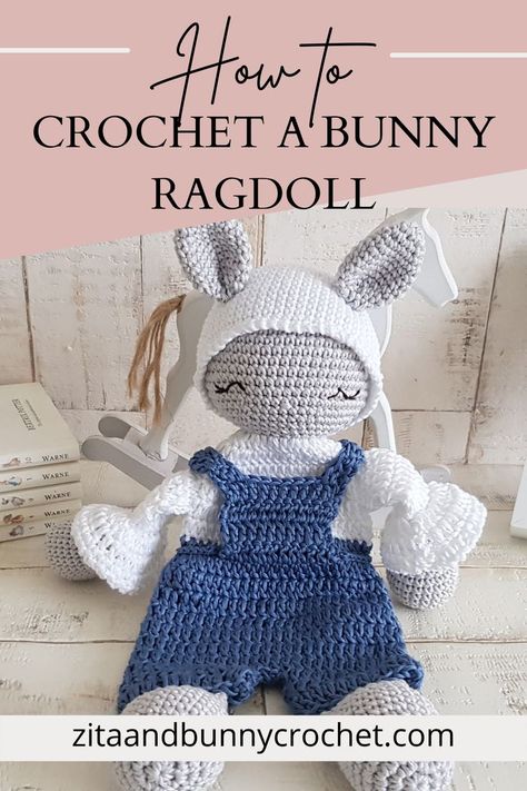 a crochet bunny ragdoll wearing a white hat and blue dungaree sitting by a white rocking horse Ragdoll Pattern, Crochet Ragdoll, Crochet Lovey Free Pattern, Crochet Pattern Tutorial, Bunny Lovey, Crochet Baby Gifts, Lovey Pattern, Crochet Toys Free, Crochet Lovey