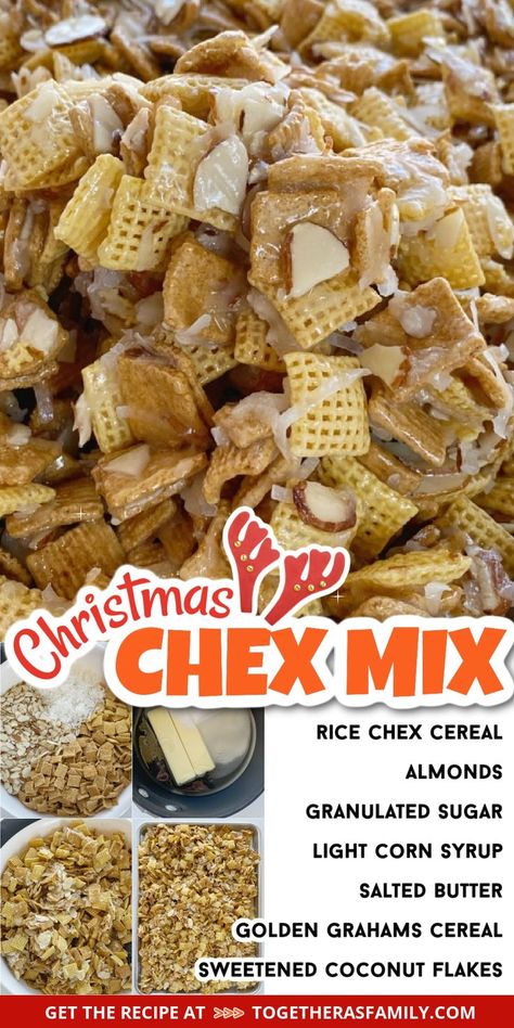 A picture of Chex mix plus a picture with the steps needed to make it. Text box with the title of the recipe in the center and a list of ingredients needed. Christmas Chex Mix, Chex Mix Recipes Sweet, Christmas Snack Mix, Sweet Chex Mix, Chex Recipes, Sweet Chex, Chex Mix Christmas, Chex Mix Recipe, Golden Grahams