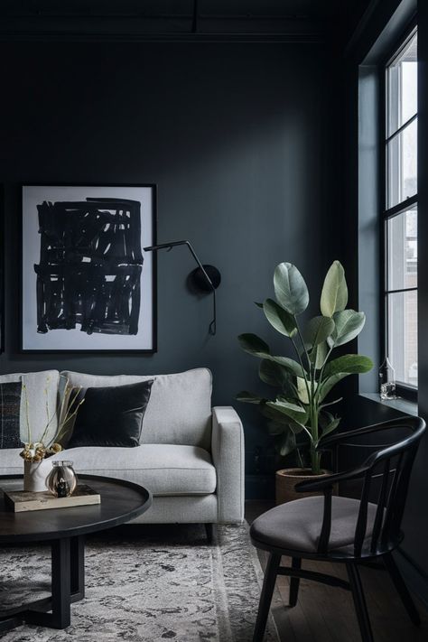 Transform your space with these 11 dark and moody paint colors for your living room! Perfect for creating a sophisticated and cozy atmosphere.  #MoodyColorsLivingRoom #DarkMoodyLivingRoomPaintColors #DarkPaintedWallsLivingRoom #HomeDecor Dark Paint Living Room Cozy, Bonus Room Paint Ideas, Dark Gray Curtains Living Room, Dark Grey Walls Living Room Decor, Dark Green Gray Paint Colors, Dark Home Office Paint Colors, Dark Gray Living Room Walls, Dark Wall Colors For Living Room, Dark Paint Colors For Living Room