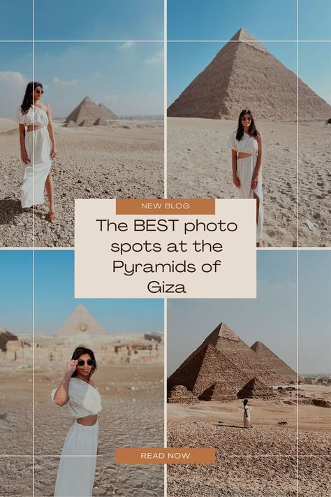 Do you want those Insta-worthy shots at the Pyramids of Giza? Check out my guide which reveals photo spot locations, what order to do the different pyramids in and general information to help plan your trip to the Pyramids of Giza! #egyptguide #cairoguide #pyramidsofgiza #instashots #instagrammableplaces #instagrammablephotos #egyptpyramids Giza Egypt Photography, Pyramids Of Giza Photography, Piramides Photo Ideas, Pyramids Of Giza Aesthetic, Pyramids Egypt Photo Ideas, Photo Ideas Egypt, Pyramid Photo Ideas, Giza Pyramids Outfit, Pyramids Egypt Outfit