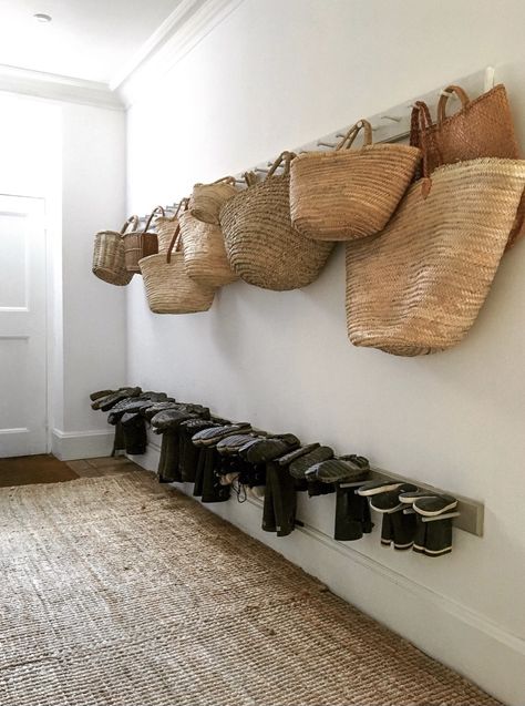 Family Hallway, Welly Rack, Neutral Hallway, Peg Rail, Boot Rack, Backyard Studio, Wooden Chopping Boards, Hallway Storage, Basket Storage