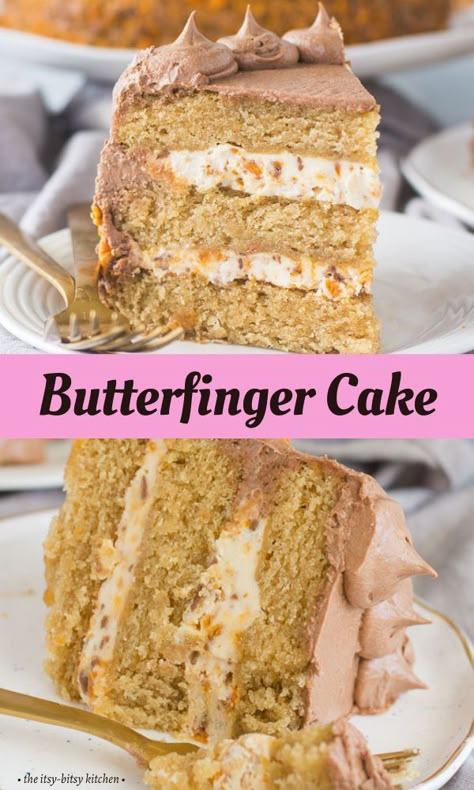 With soft peanut butter cake layers, crunchy Butterfinger filling, and creamy chocolate peanut butter frosting, this Butterfinger cake recipe is a totally dreamy dessert. Made from scratch, this makes a wonderful birthday cake for fans of peanut butter! Vanilla Peanut Butter Cake, Butterfinger Sheet Cake, Peanut Butter Layer Cake, Fluffernutter Cake, Butter Finger Cake, Best Cake Flavors Combinations, Scratch Cake Recipes, Fancy Cake Recipes, Cake Flavors And Fillings