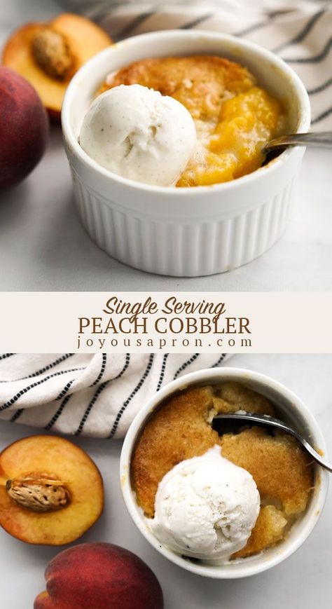 Single Serving Peach Cobbler - the perfect individual dessert for the summer! Peaches baked with a caramelized cake topping combined with vanilla ice cream. Yummy, easy and portion control! #dessert #peach #sweets #summer #cobbler #fruit #recipe #joyousapron Summer Cobbler, Peaches Baked, Mini Peach Cobbler, Ramekin Dessert, Joyous Apron, Ramekin Recipe, Dessert In A Mug, Batch Baking, Sugary Treats