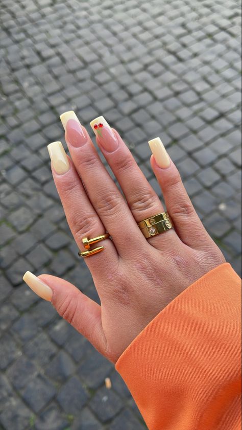 Yellow French Nails With Cherry, Nail Ideas For Italy, Green Cherry Nails, Yellow Nails With Cherries, Yellow Cherry Nails, Cherry Summer Nails, French Nails With Cherry, French Tip With Cherry, Yellow And Red Nails