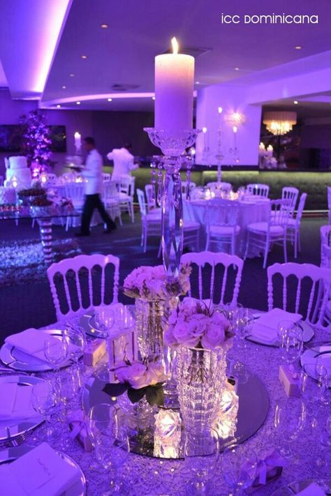 mirror with candles Purple And Diamonds Party, White And Purple Sweet 16, Purple Venue Quince, Purple And White Sweet 16 Ideas, Dark Purple Sweet 16 Dresses, Purple And Silver Quinceanera Ideas, Purple And White Party Decorations, Euphoria Wedding, Silver And Purple Wedding