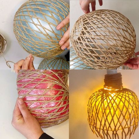 DIY string pendant lights using only jute and glue | adhesive, pendant | DIY string pendant lights using only jute and glue | By MetDaan DIY Jute Thread Craft Ideas, Diy Lustre, Jute Lamp, Burlap Lights, Jute Lights, Metdaan Diy, Macrame Light, Macrame Lamp, Boho Lamp