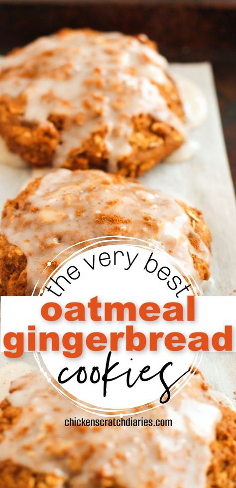 Glazed gingerbread oatmeal cookies with icing on a baking pan with text "the very best oatmeal gingerbread cookies" Iced Oatmeal Gingerbread Cookies, Orange Gingerbread Cookies, Oatmeal Gingerbread Cookies, Molasses Oatmeal Cookies, Low Calorie Gingerbread, Gingerbread Oatmeal Cookies, Thanksgiving Desserts Cookies, Gingerbread Cookies Easy, Cookies For Fall