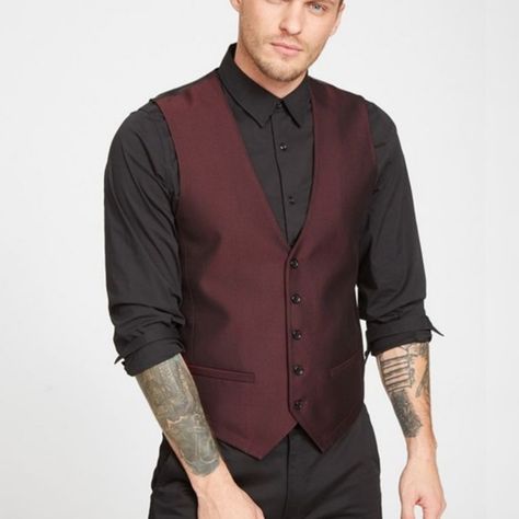 New With Tags Color:Midnight Wine Complete Your Suiting Attire In This Textured Vest, Featuring A Front Button Closures, Adjustable Back Strap And Front Welt Pockets. Self: 82% Polyester, 18% Viscose Rayon. Lining: 100% Polyester. Rust Burgundy Black Wedding, Black And Burgundy Wedding Party, Black Suit With Red Accents, Burgundy Groomsmen Attire, Red Vest Outfit, Alternative Groom Attire, Vest For Men Wedding, Wine Suit, Groomsmen Attire Black